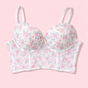 Floral Mesh‎ Longline Push-Up Bra Corset White 34B Cottagecore Coquette Bundle